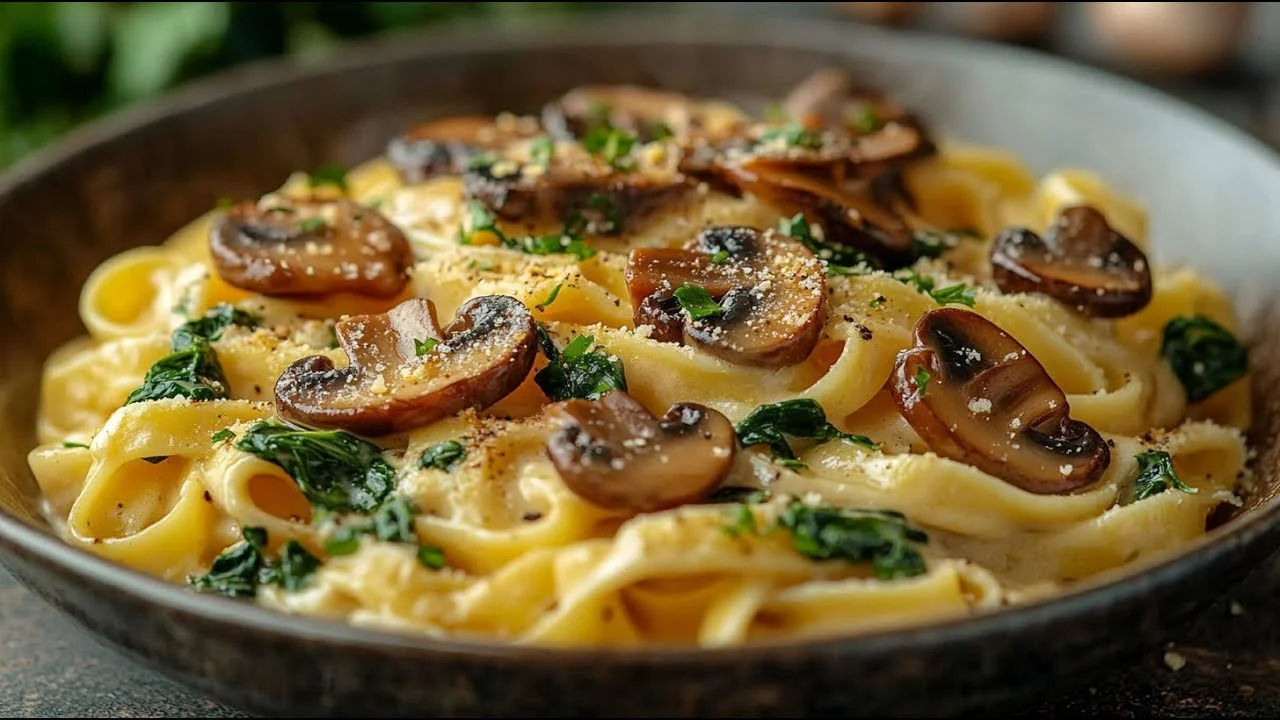 Vegan pasta met romige champignon- en spinaziesaus op een bord.