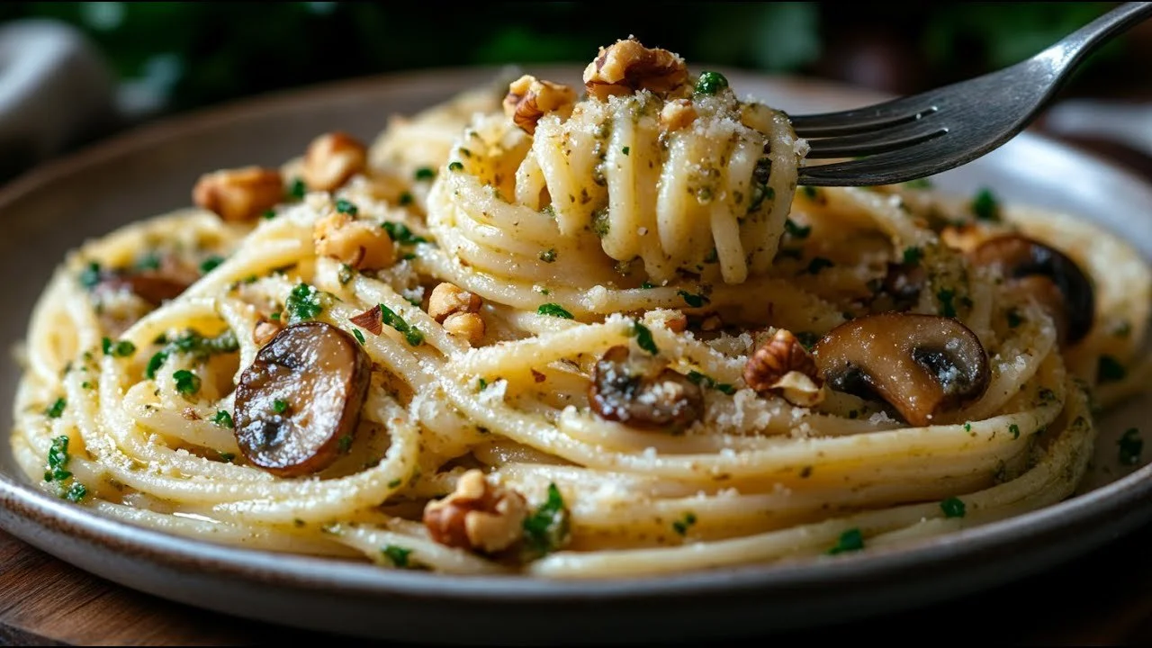 Veganistische pasta met walnootpesto en champignons op een bord