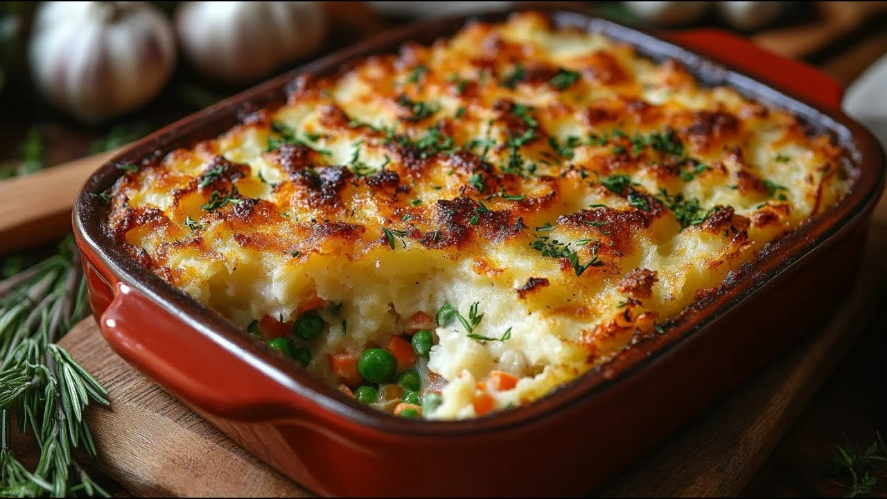 Veganistische Shepherd's Pie met groenten en aardappelpuree