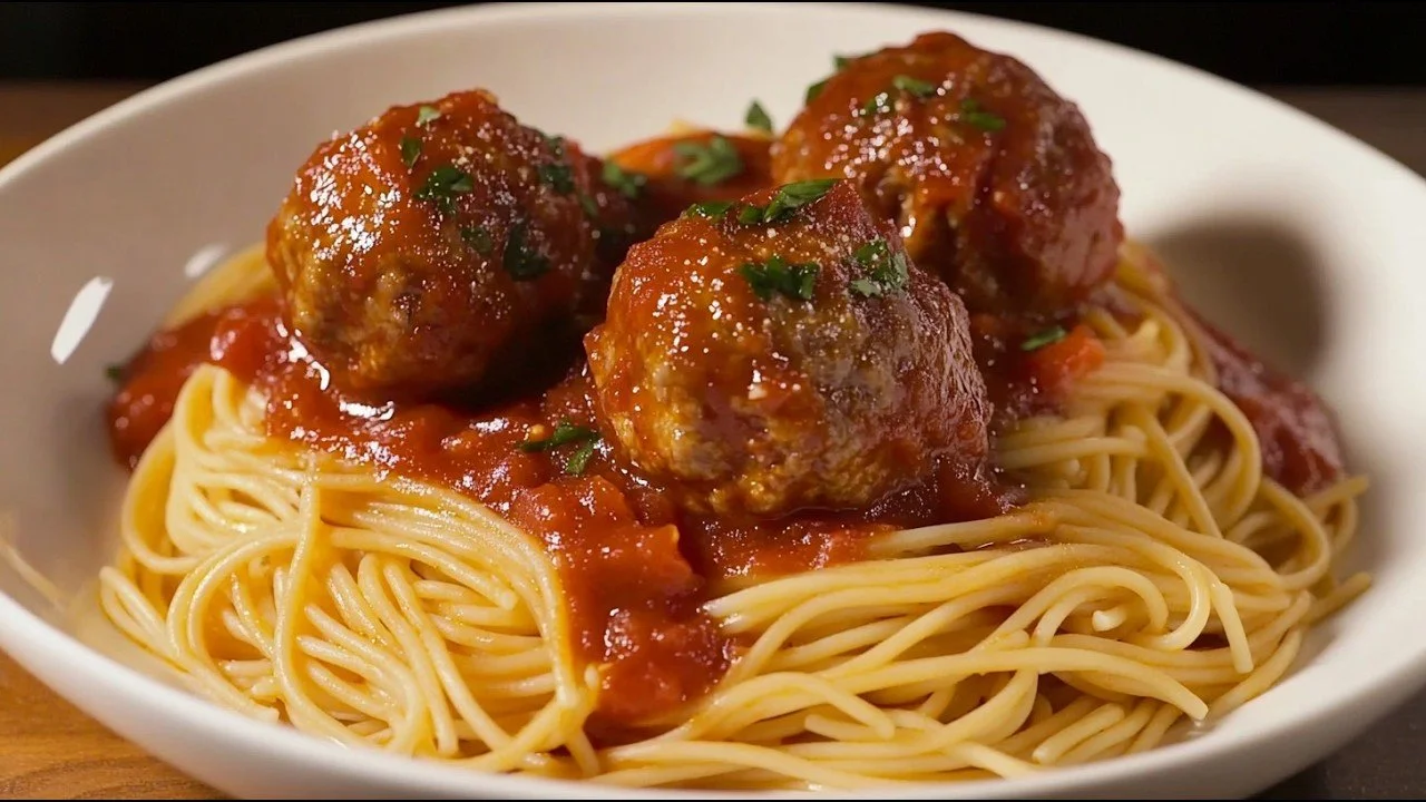 Vleesballen in tomatensaus met spaghetti op een bord