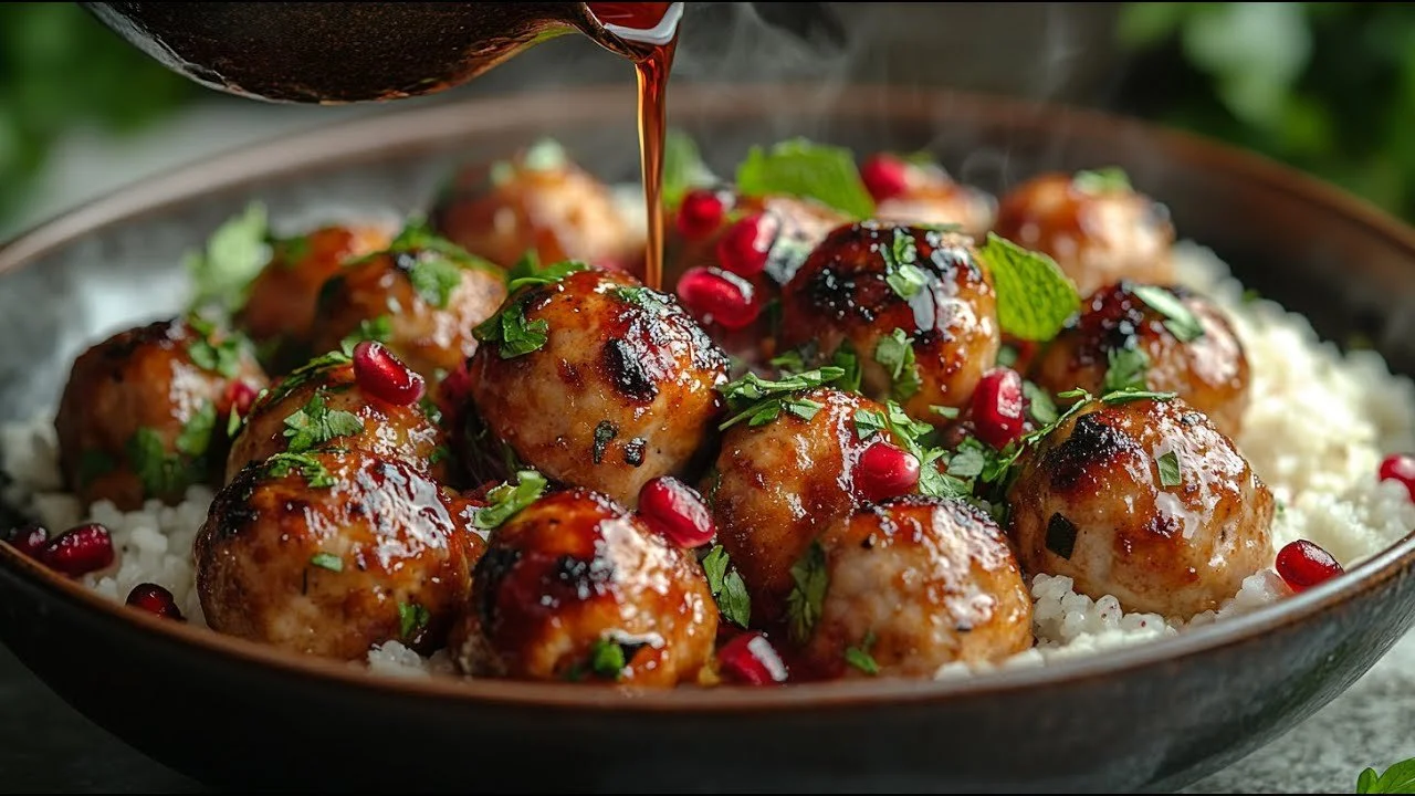 Zachte kipschijven in granaatappelsaus, een smakelijk gerecht