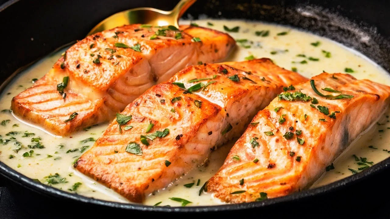 Zachte zalm met twee verschillende sauzen op een bord