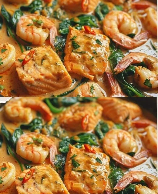 Zalm en garnalen in romige kokosmelk saus met spinazie