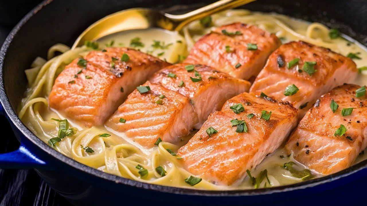 Zalmpasta met tagliatelle, een smakelijk en eenvoudig recept.
