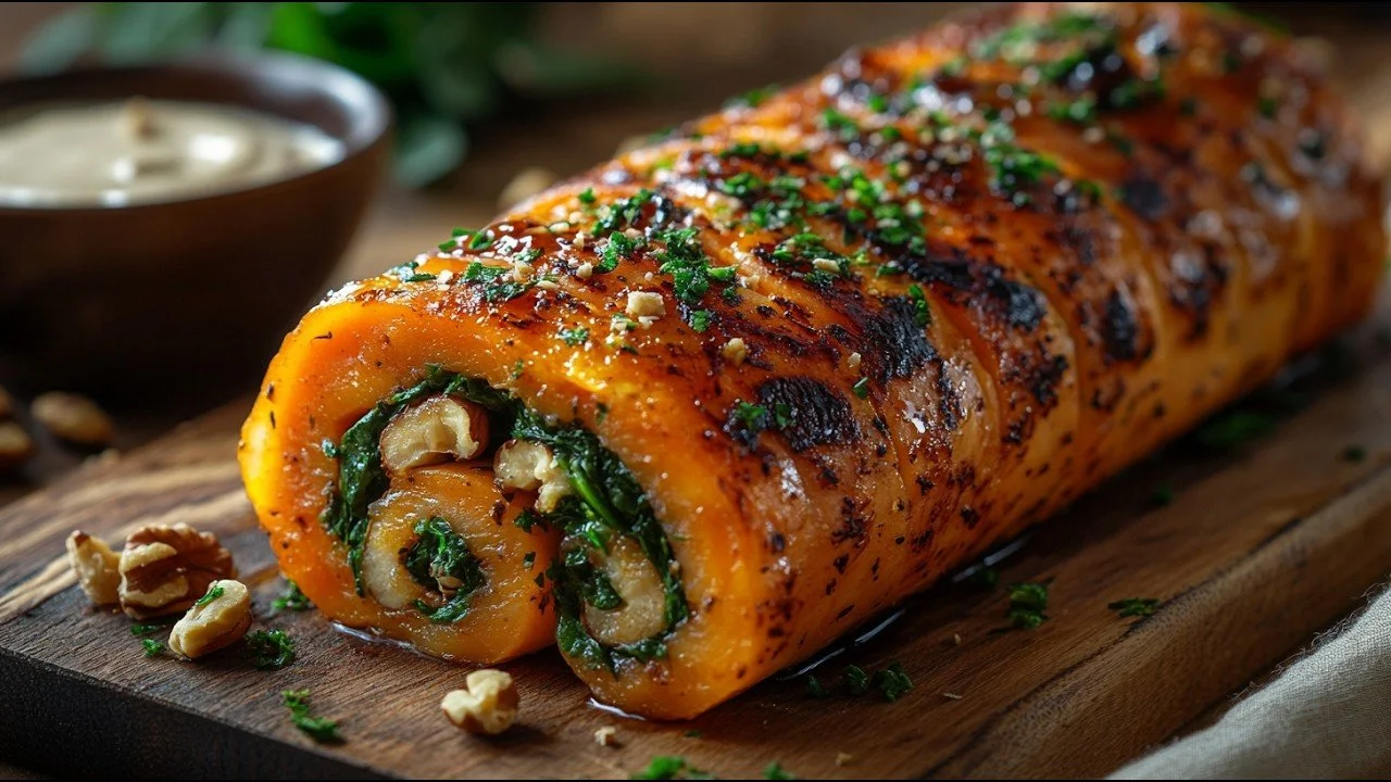 Zoete Aardappelen Roulade geserveerd op een bord met verse kruiden