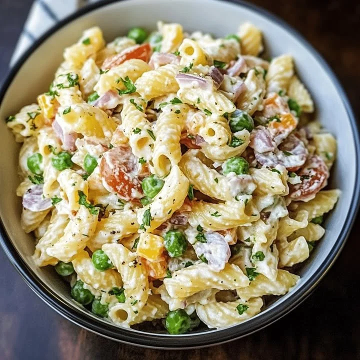 Zomerse pasta salade met kleurrijke groenten en dressing