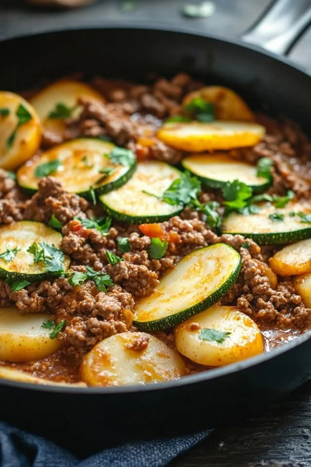Aardappel-Courgette-Stoofschotel met Gehakt in Koffiesaus op een bord