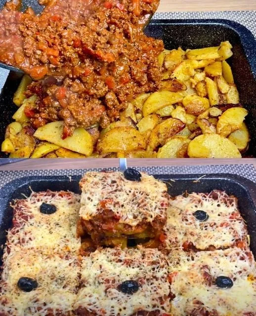 Gerecht met aardappelen en gehakt op een bord, vers bereid voor een maaltijd.