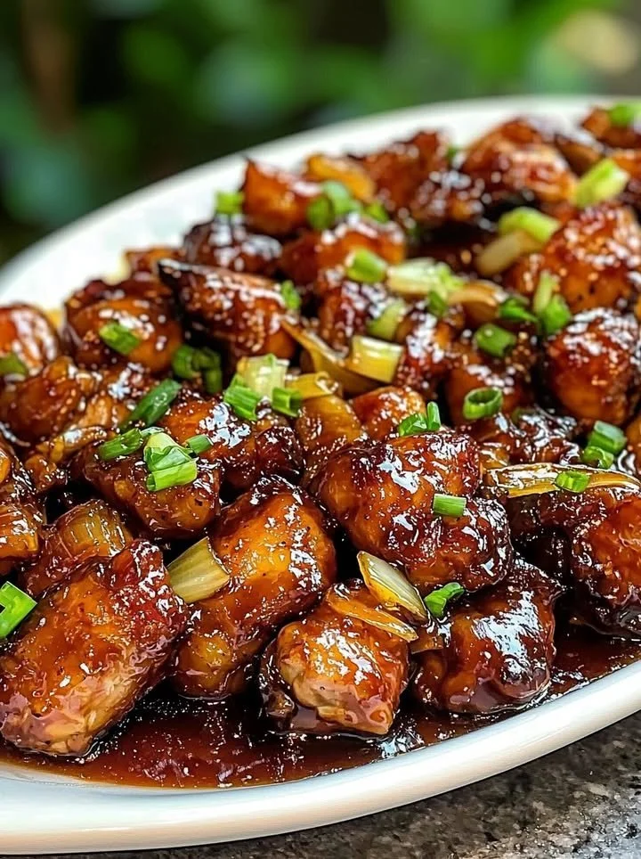 Aromatische wok kip met knoflook, gember en sojaglazuur op een serveerschaal.