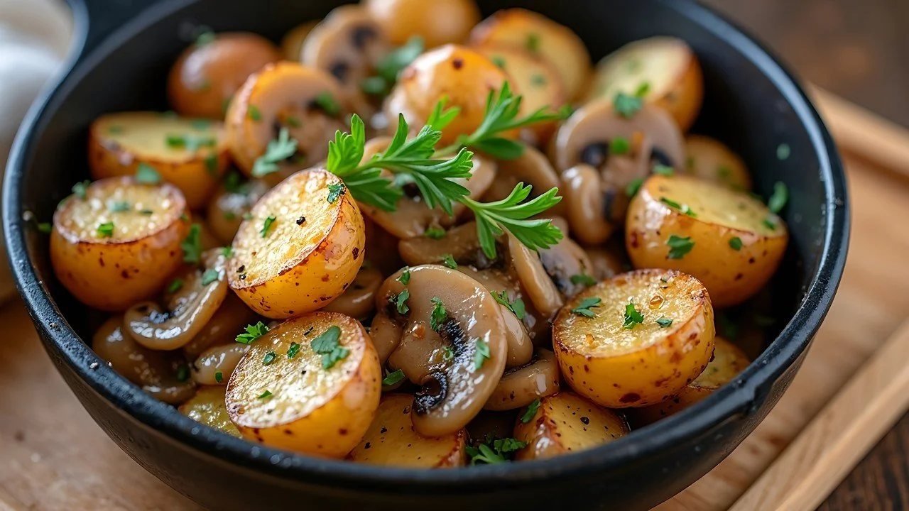 Champignons in romige saus geserveerd met aardappelen en verse kruiden