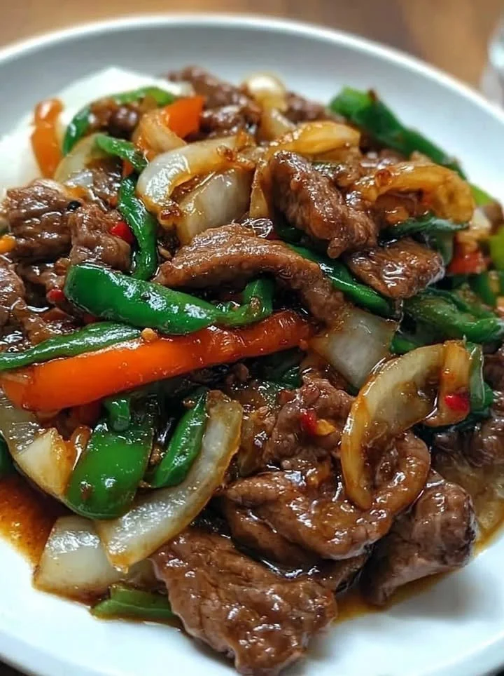 Chinese rundvlees en ui roerbakgerecht met kleurrijke groenten