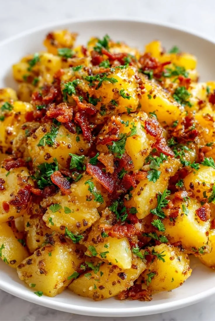Duitse aardappelsalade met verse ingrediënten en een lekkernij dressing