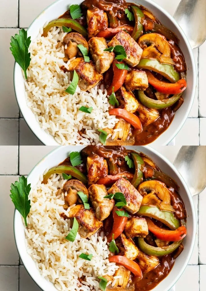 Eenvoudige goulash met rijst geserveerd in een kom