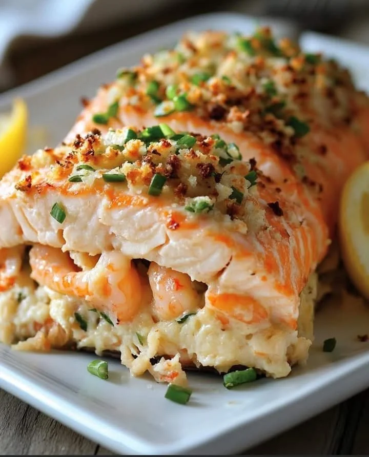 Elegante gevulde zalm met krab en garnalen, een luxe gerechten optie.