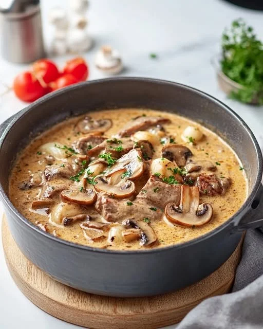 Filetpot met champignons op een bord, smaakvol en gezond gerecht.