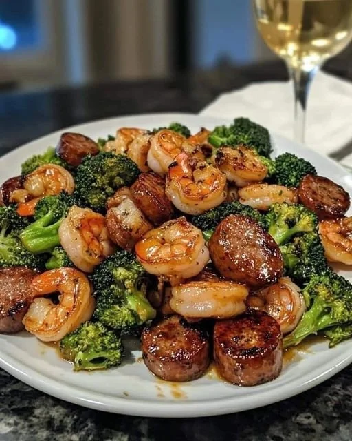 Garnalen met honing, knoflook, worst en broccoli op een bord.