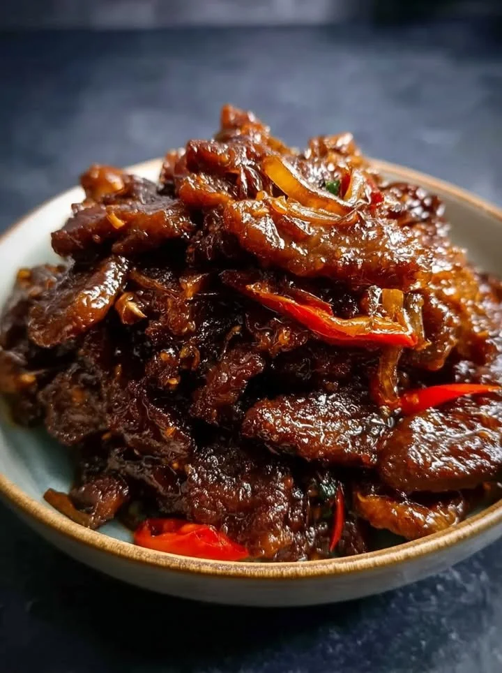 Gekarameliseerde Krokante Chili Rundvleesrepen met Glazuur en Knoflookafwerking