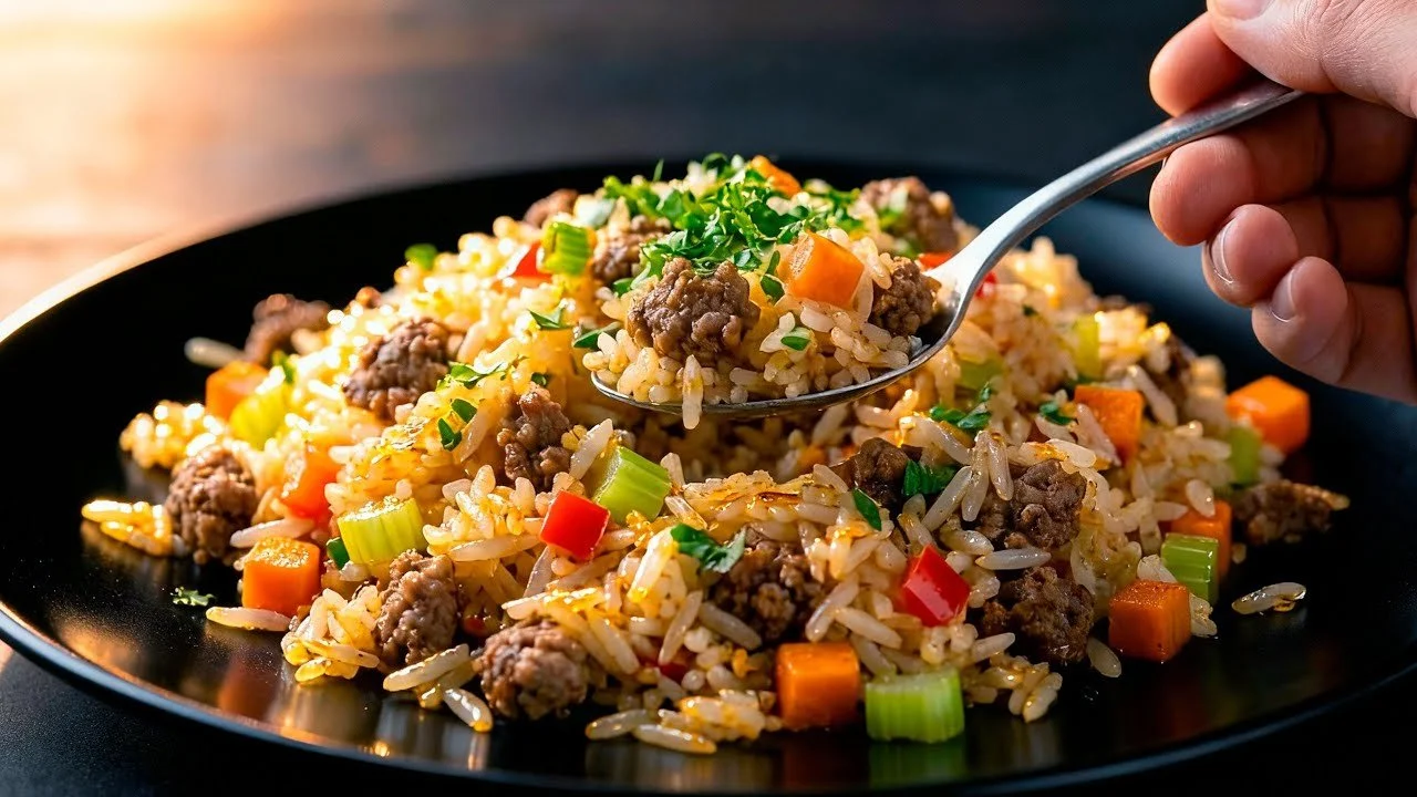 Gemakkelijk rijstgerecht met gehakt, snel en voedzaam maaltijd idee