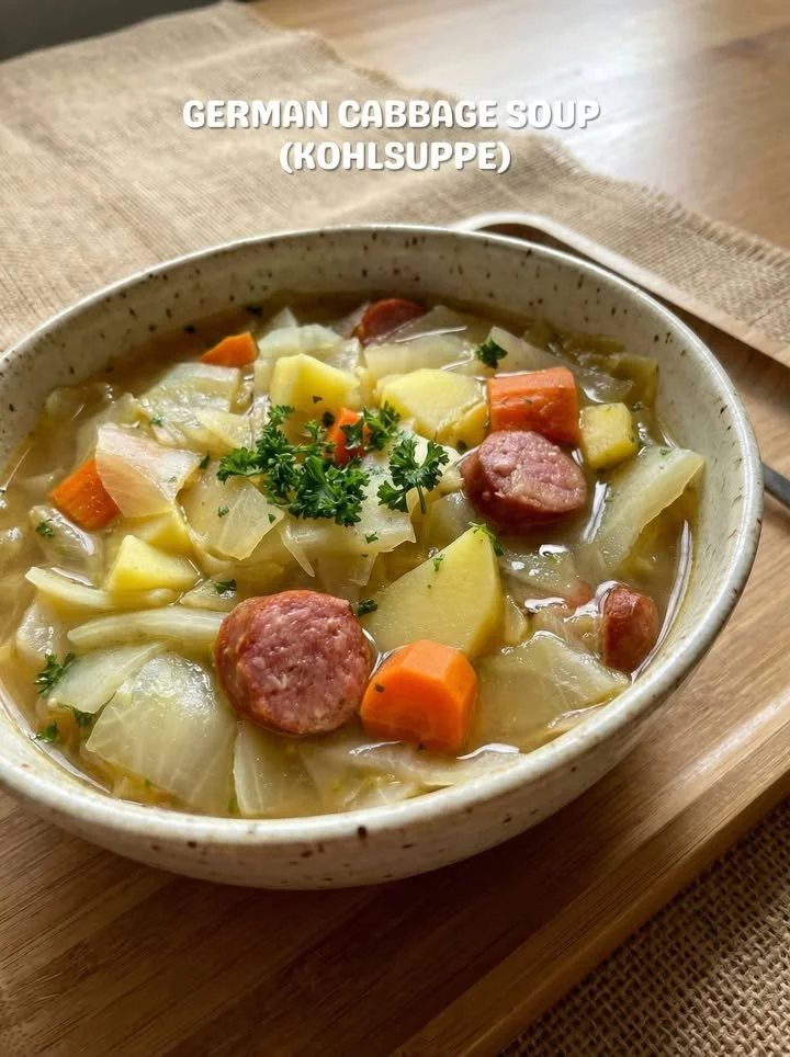 Bowl of German cabbage soup garnished with herbs and served with crusty bread