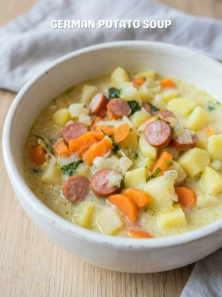 Bowl of delicious German Potato Soup topped with chives and bacon