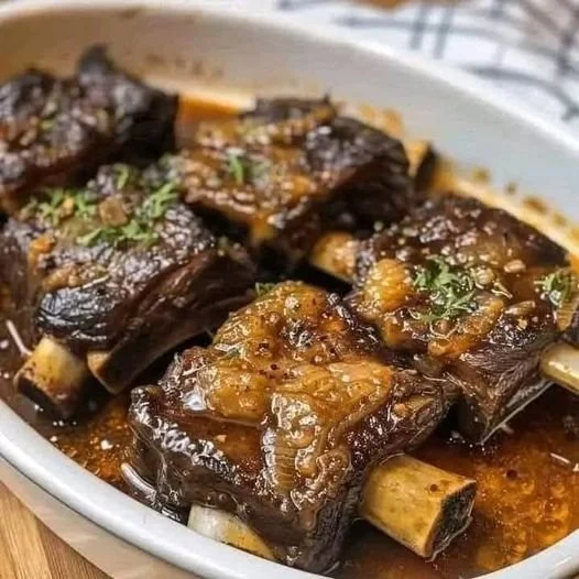 Gestoofde runderribbetjes geserveerd met groenten en aardappelen