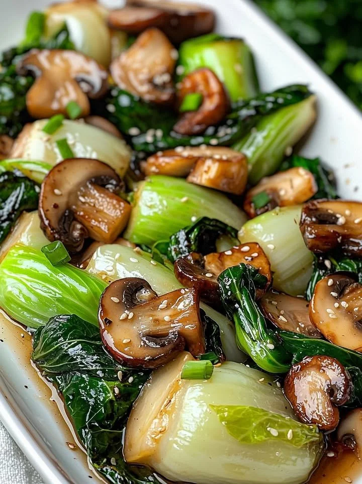 Wokgebakken bok choy met gouden champignons en sesamdruppel gerecht