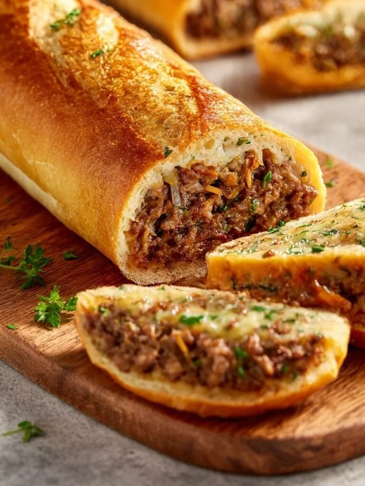 Gevuld stokbrood met gehakt en kruiden op een bord.