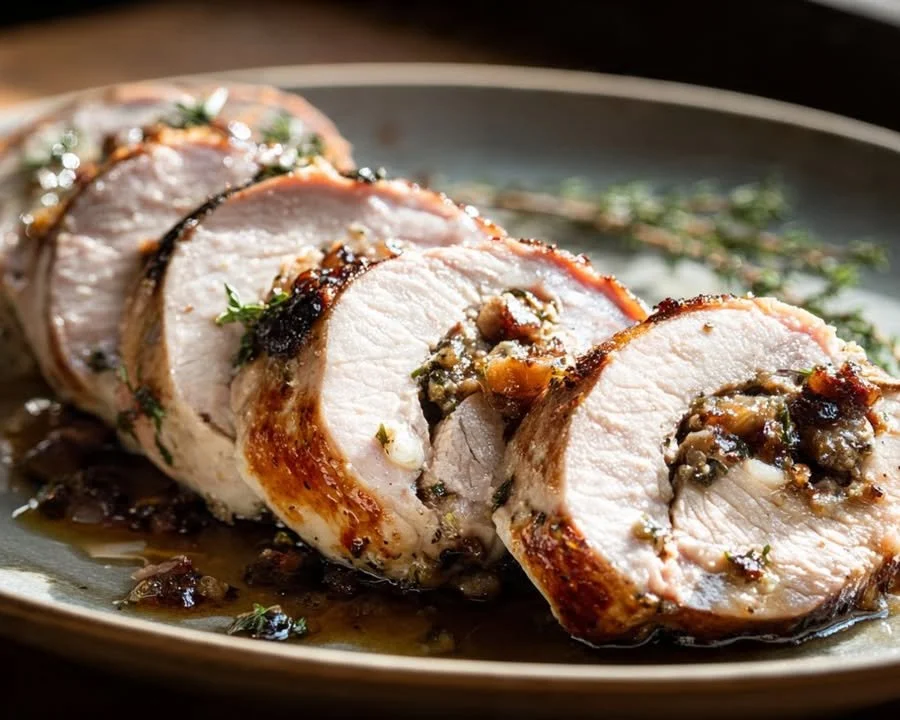 Gevulde varkenshaas met truffeltapenade op een bord