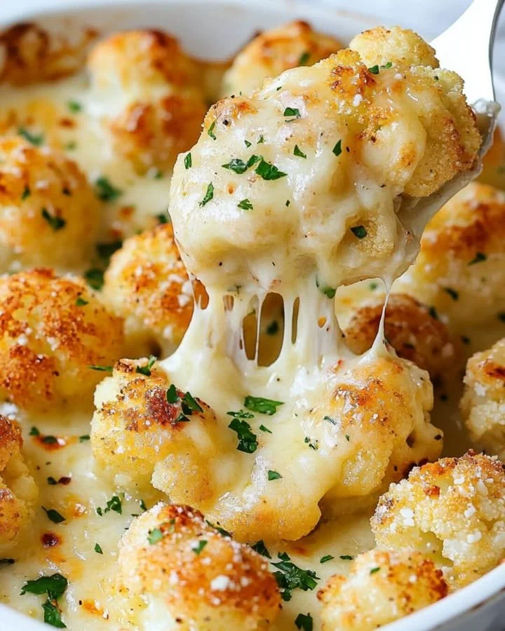 Heerlijke drie-kazen bloemkool uit de oven met een gouden kaaslaagje