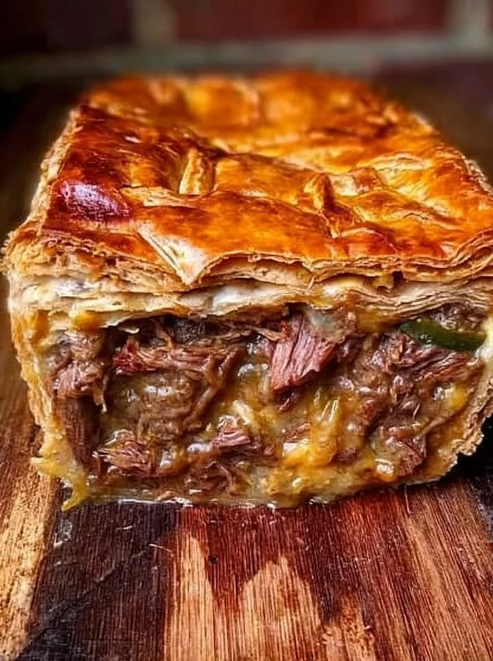 Gouden-bladerdeeg pastei met drie-kazige jalapeño en romige rundvleesjus