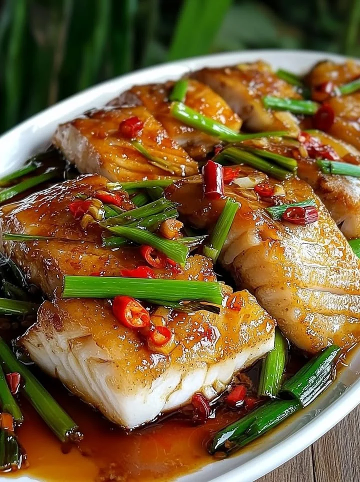 Gouden krokante pan-gebrande witte visfilets met gember en knoflook.