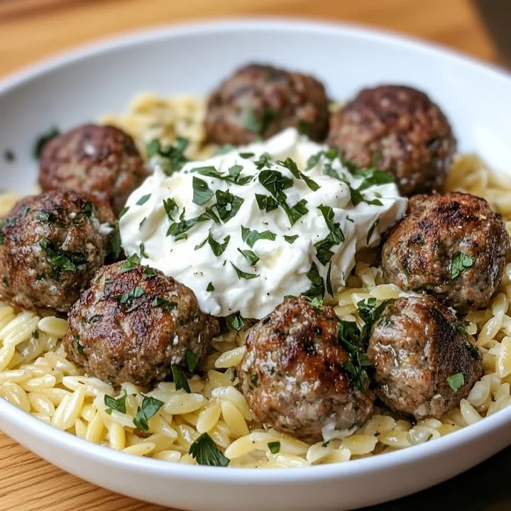 Griekse gehaktballetjes met feta en citroenorzo op een bord