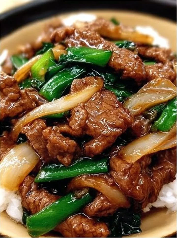 Chinese-stijl biefstuk met gekarameliseerde uien en roerbakgroenten