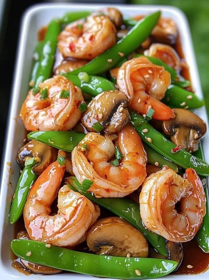 Hartige garnalenroerbak met knoflookglazuur, sugarsnaps en champignons.