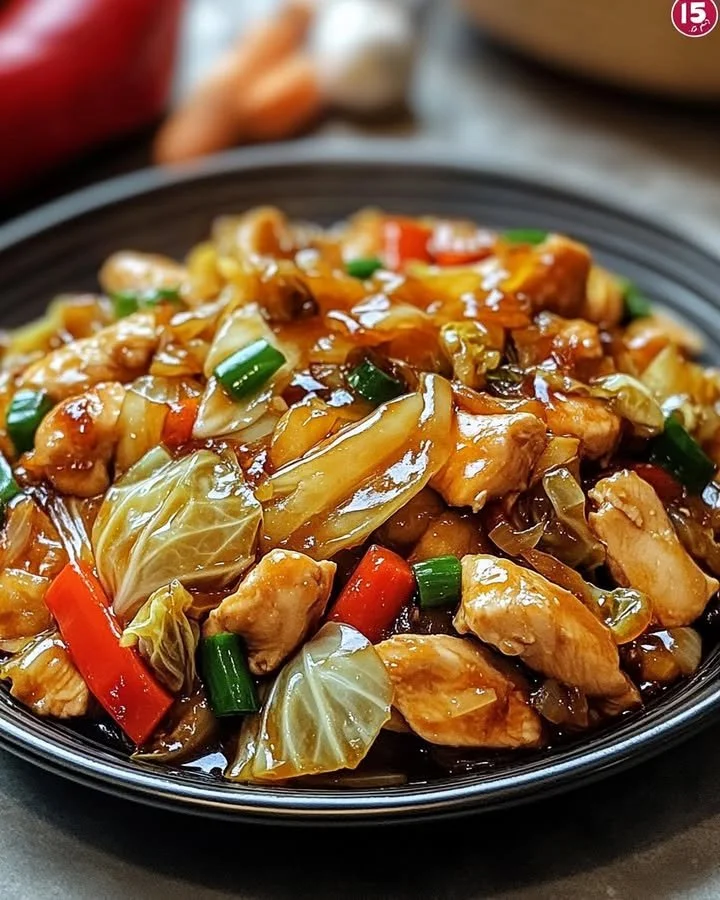 Hartige wokgebakken kip met zachte kool en knoflook sojasaus op een serveerschaal