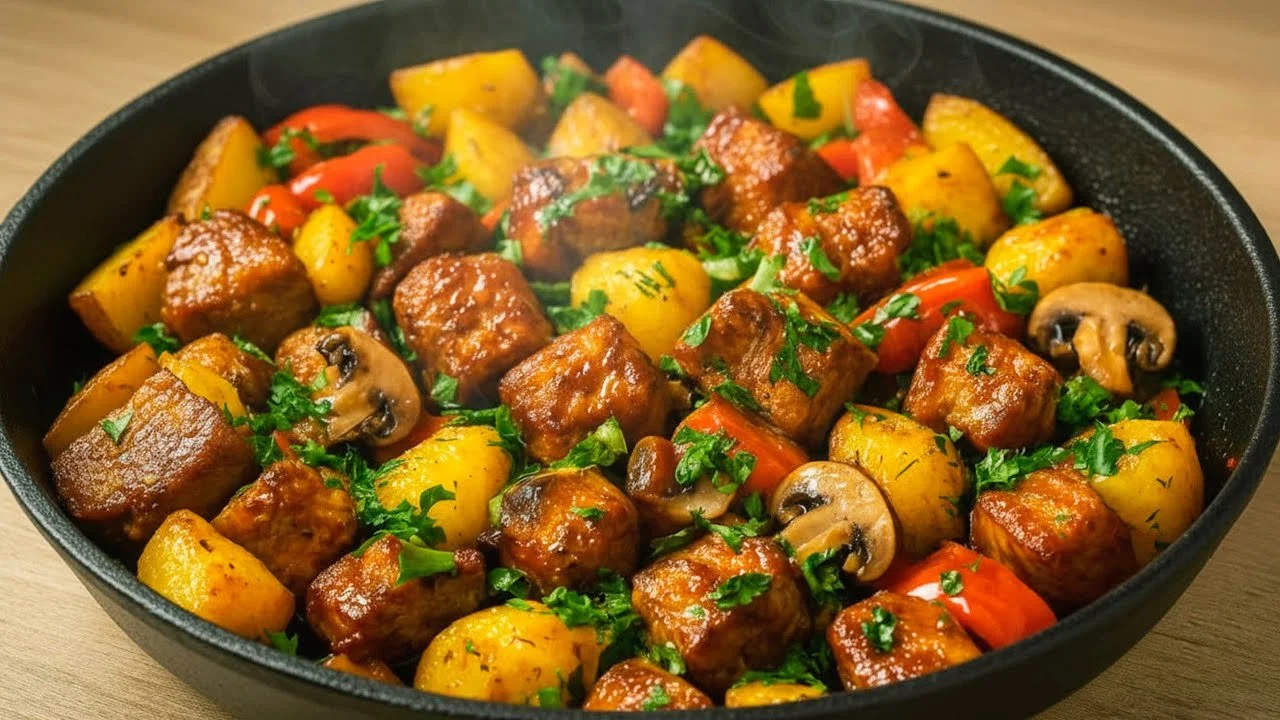 Heerlijk varkensvlees met aardappelen, snel en smakelijk gerecht