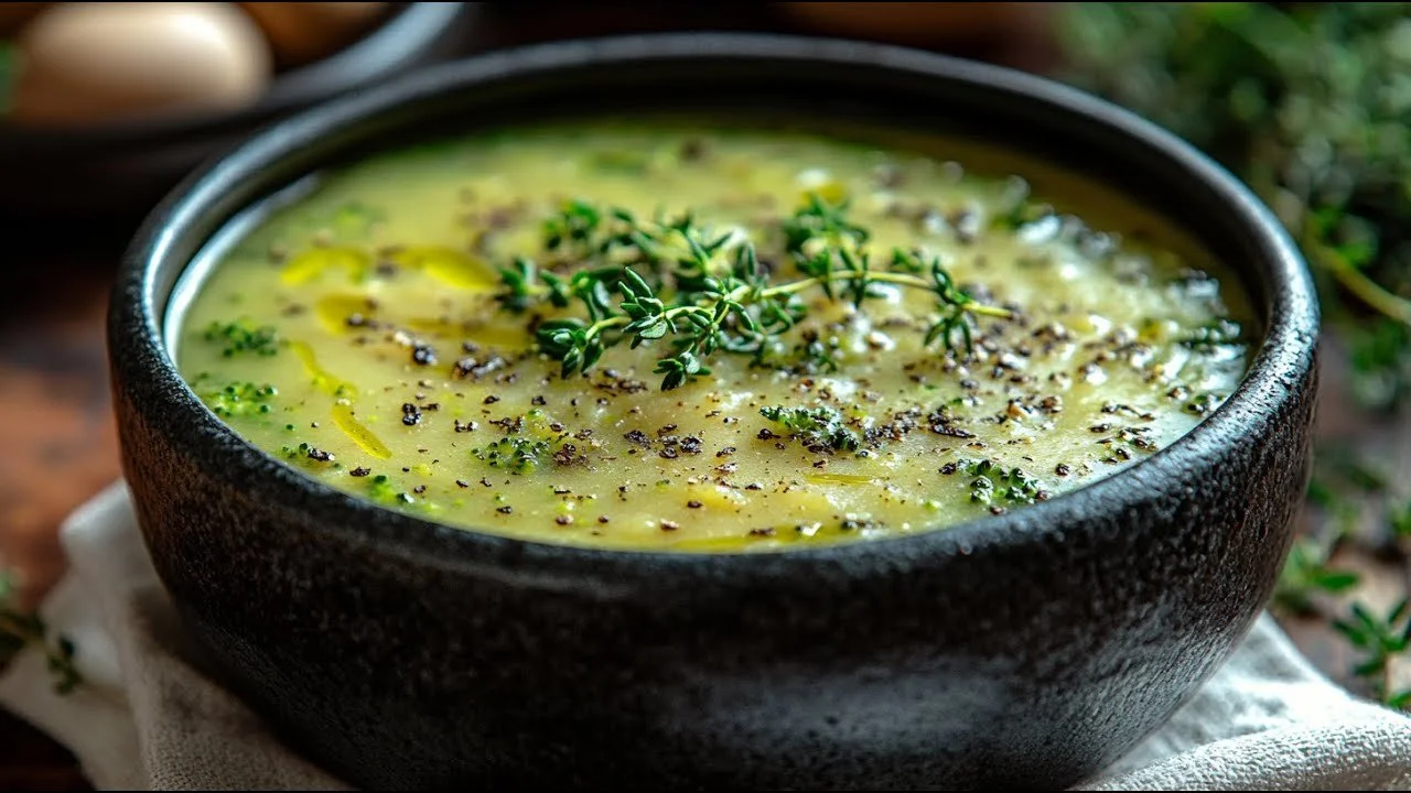 Romige broccoli-knoflooksoep met verse ingrediënten in een kom