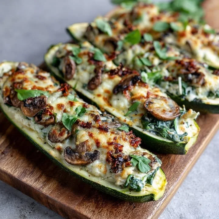 Heerlijke gevulde courgettes met kleurrijke groenten en kruiden.