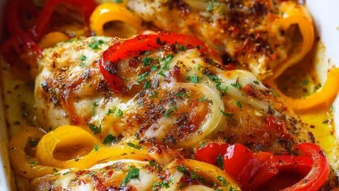 Kaasachtige kippenborst met paprika op een bord