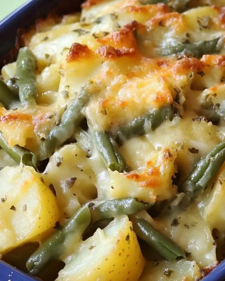 Ovenschotel met kaassaus, groene bonen en aardappelen uit de oven.