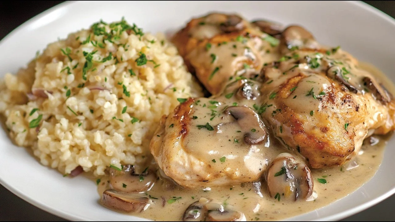 Kalkoen met champignons op een bord, een gezond en smakelijk diner recept