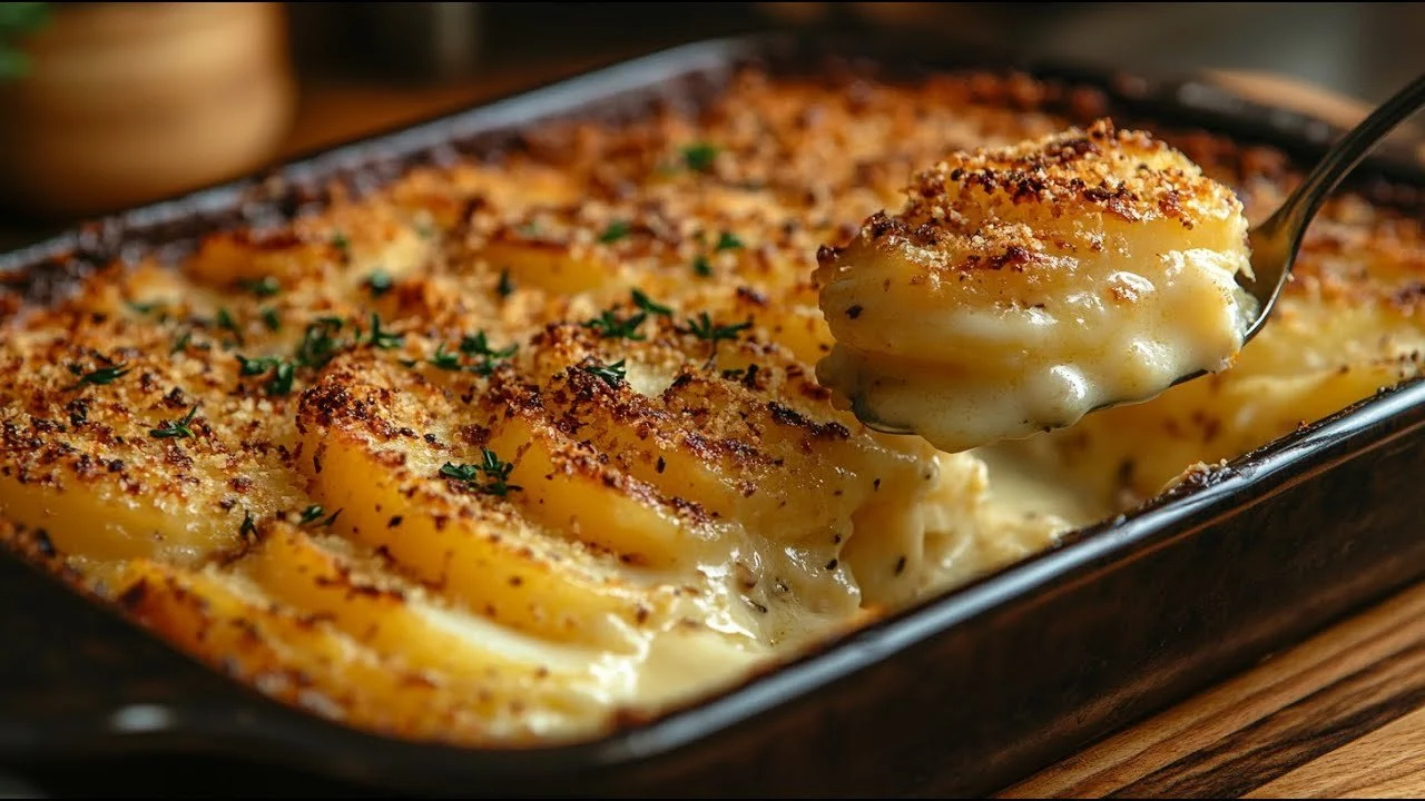 Knapperige vegan aardappelgratin met een gouden korst en vega ingrediënten