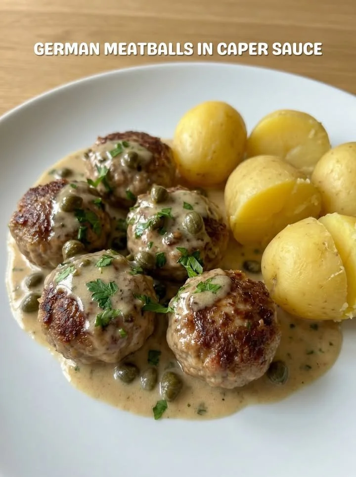 Een bord met Königsberger Gehaktballen, geserveerd met saus en kappertjes.