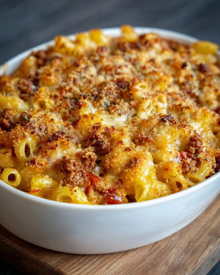 Macaroni Ovenschotel met Gehakt en Kaas uit de oven, warm en smakelijk gerecht.