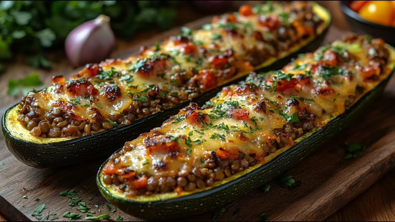 Vegan courgetteboten gevuld met linzen, gezond en lekker recept.