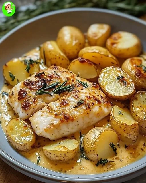 Malse gebakken kabeljauw met Yukon-aardappelen in romige rozemarijn-citroensaus