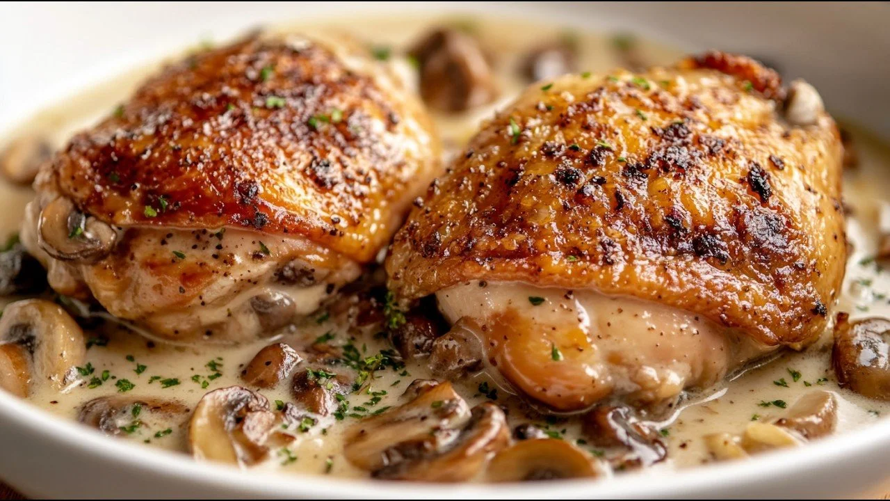Malse kipdijen in romige knoflooksaus met champignons op een bord