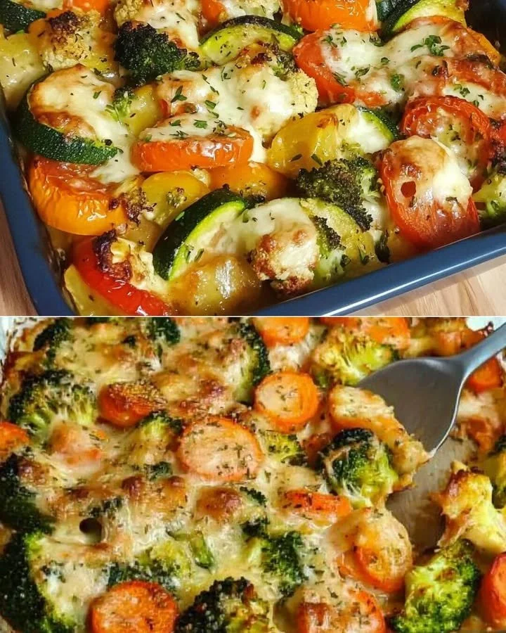 Mediterrane groenteschotel met romige kaasdroom op een bord.