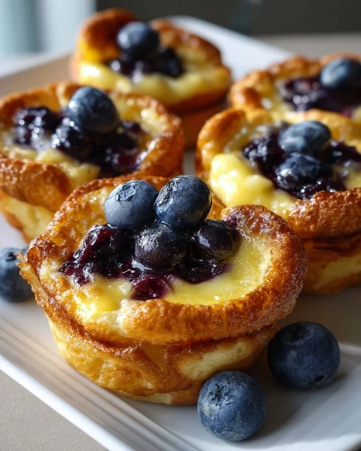Mini Dutch Babies geserveerd met lemon mousse en blauwe bessen