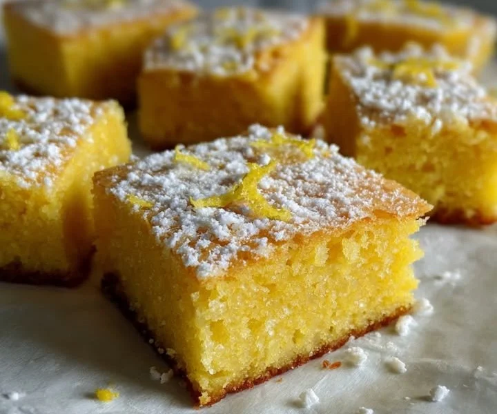 Fudgy Citrombarack sütemény vágva egy tálcán.